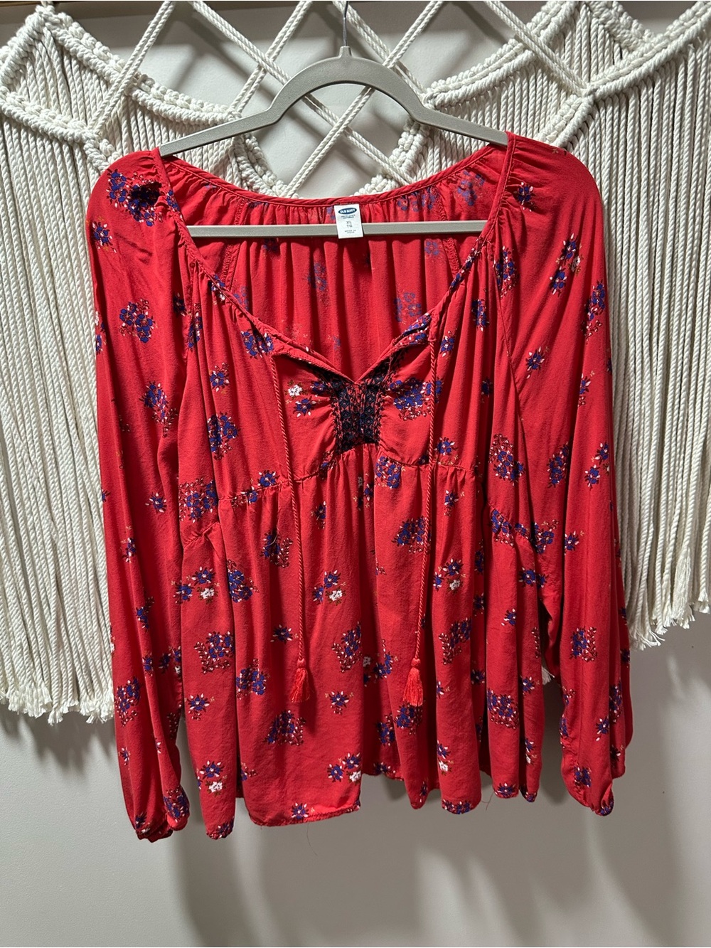 Old Navy Red Floral Smocked Peasant Top